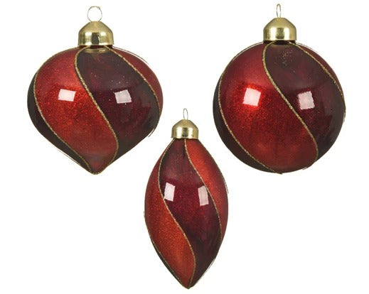 Pallina Albero Di Natale In Vetro 3 Forme Assortite 2 Sfumature Rosso 8cm