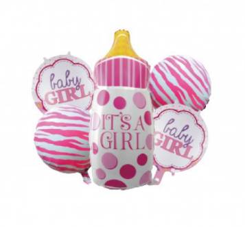Set 5 pz. Palloncini Mylar Biberon Rosa "It's a Girl" 190x130x100