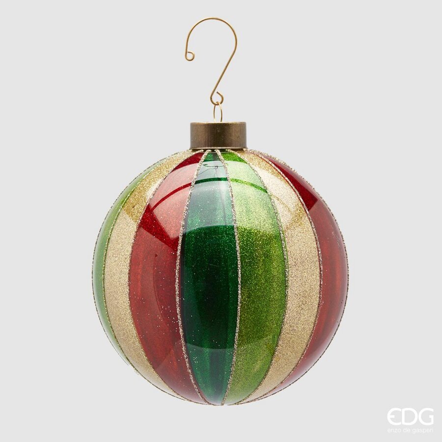 Pallina Albero Di Natale A Righe Con Glitter Oro 12cm