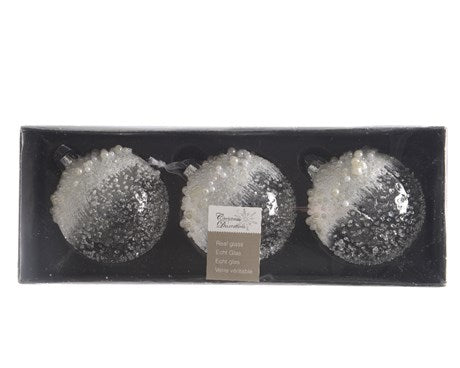 Pallina Albero Di Natale In Vetro Trasparente e Bianca 3Pz 8cm