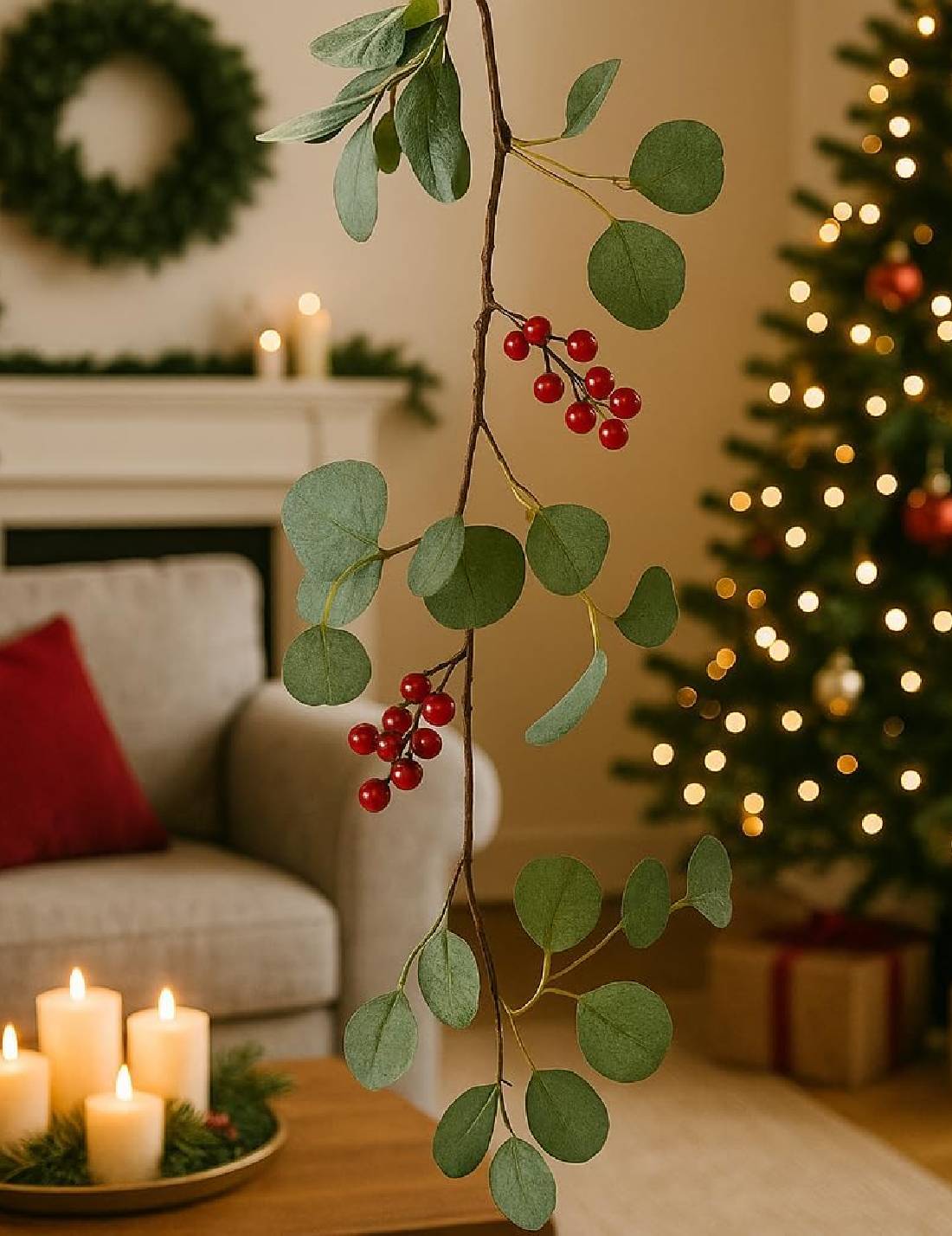 Ramo Artificiale Decorativo In Poliestere Con Bacche Rosse 150cm