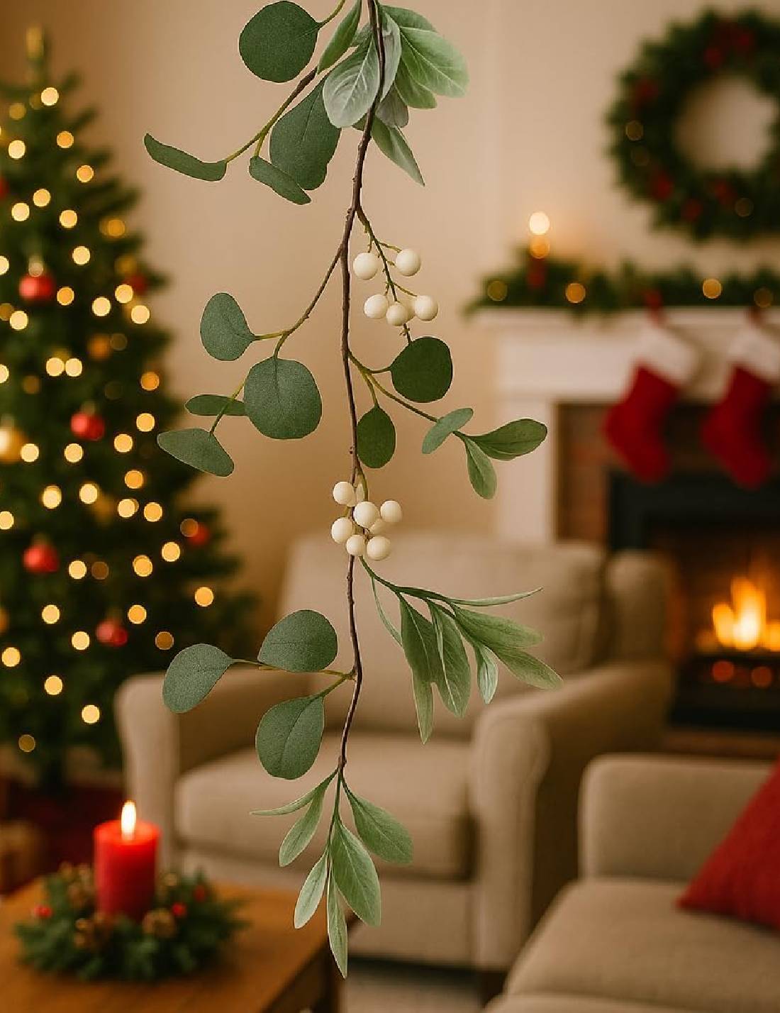 Ramo Artificiale Decorativo Con Bacche Bianche 150cm