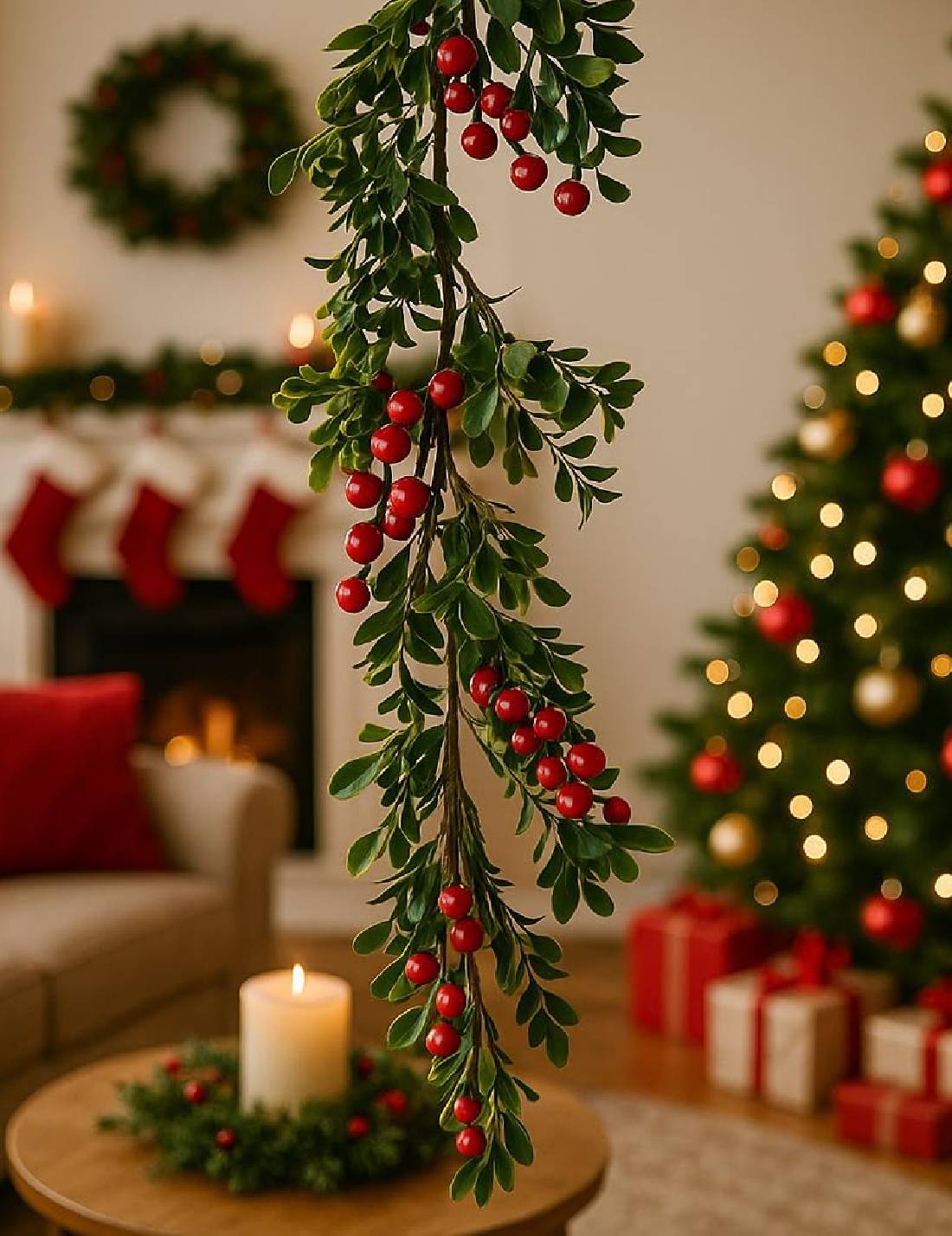 Ramo Artificiale Decorativo Con Bacche Rosse 130cm