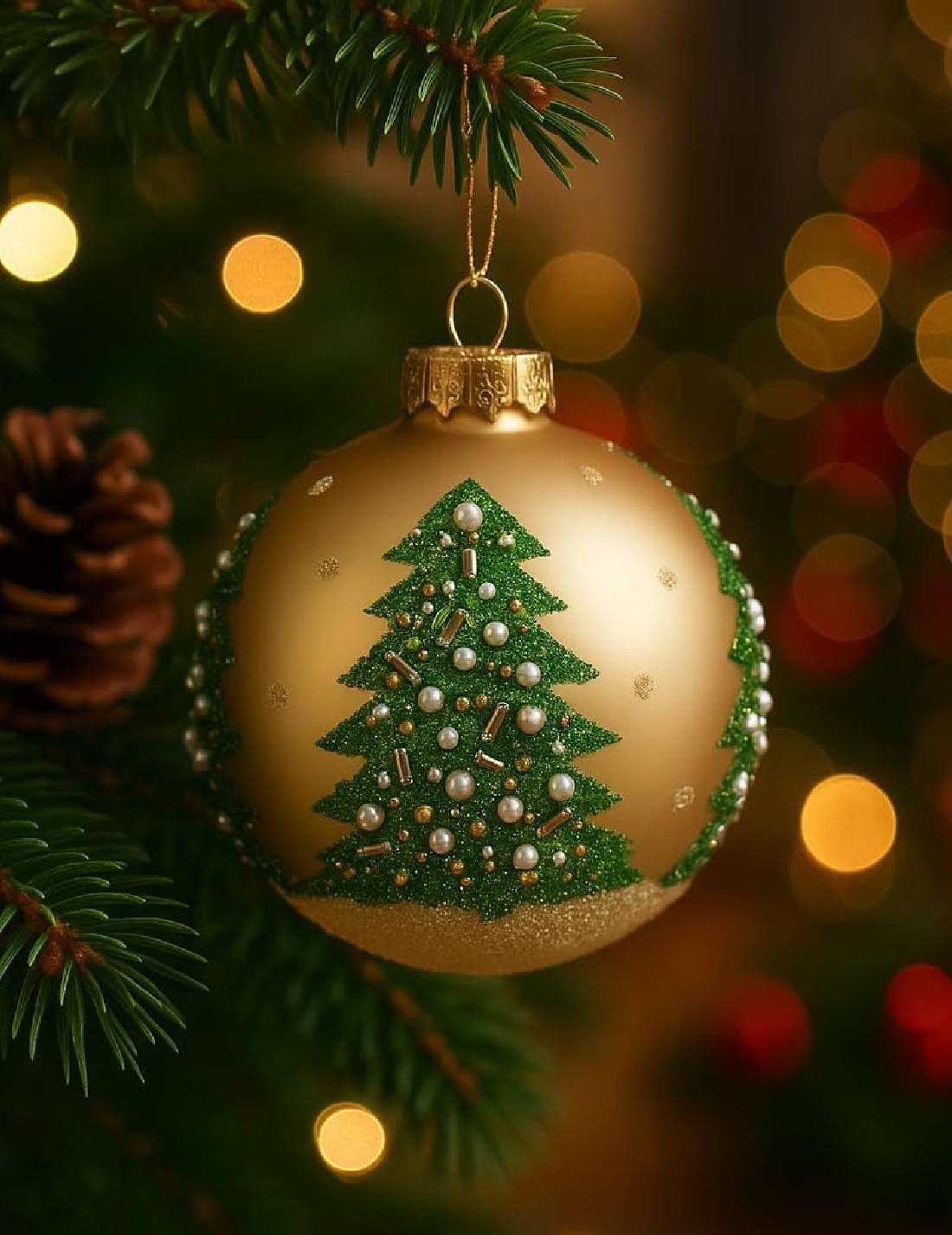 Pallina Albero Di Natale In Vetro Dorata Con Albero Decorato 8cm