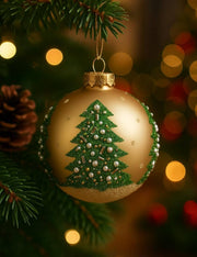 Pallina Albero Di Natale In Vetro Dorata Con Albero Decorato 8cm