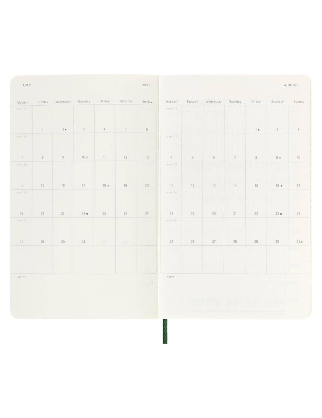 Agenda Settimanale 12 Mesi 2025 Moleskine Verde Mirto Large 21cm