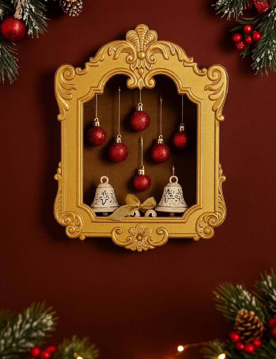 Cornice Decorativa Natalizia In Legno Oro 50cm