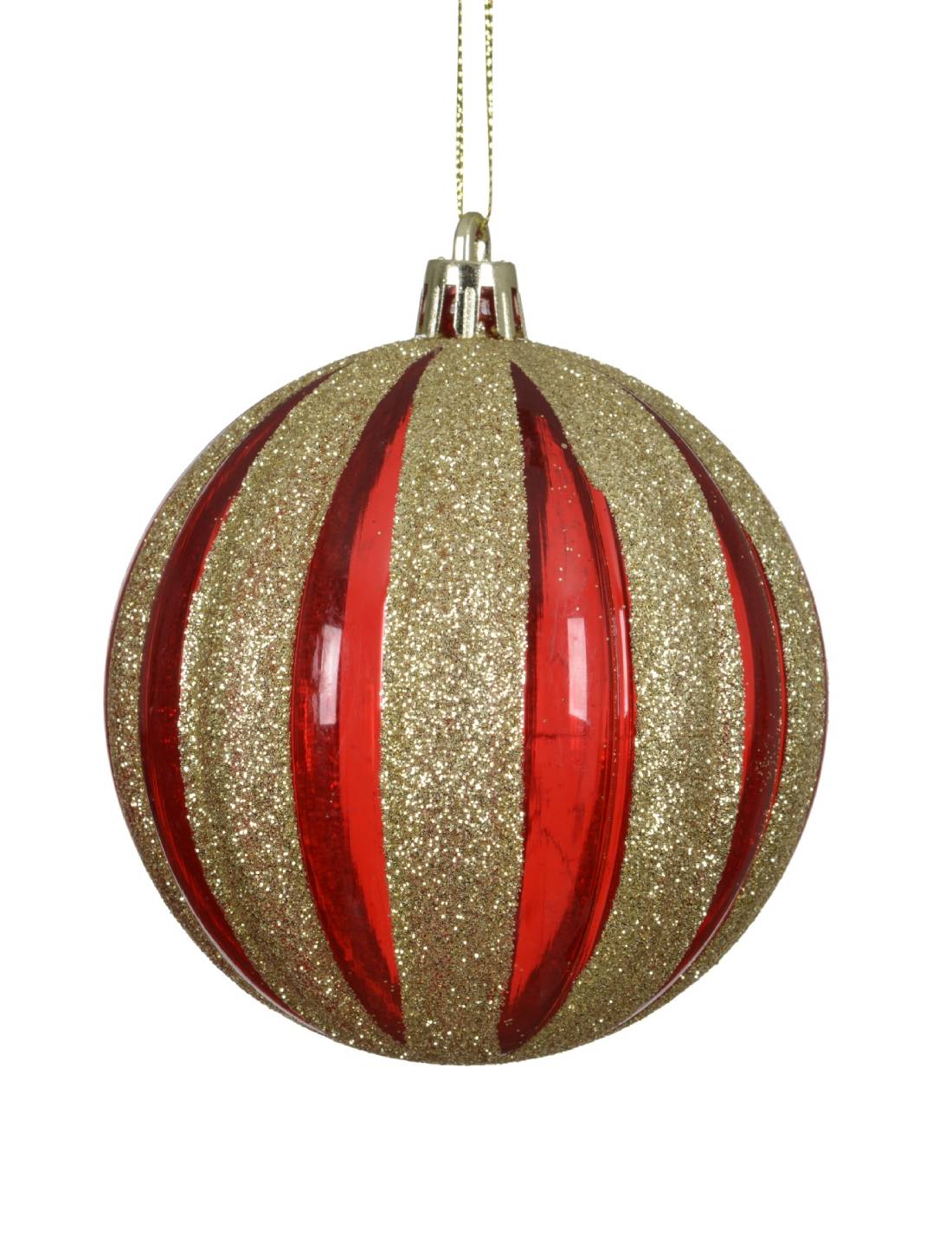 Pallina Albero Di Natale Rossa Con Strisce Oro Glitter 8cm