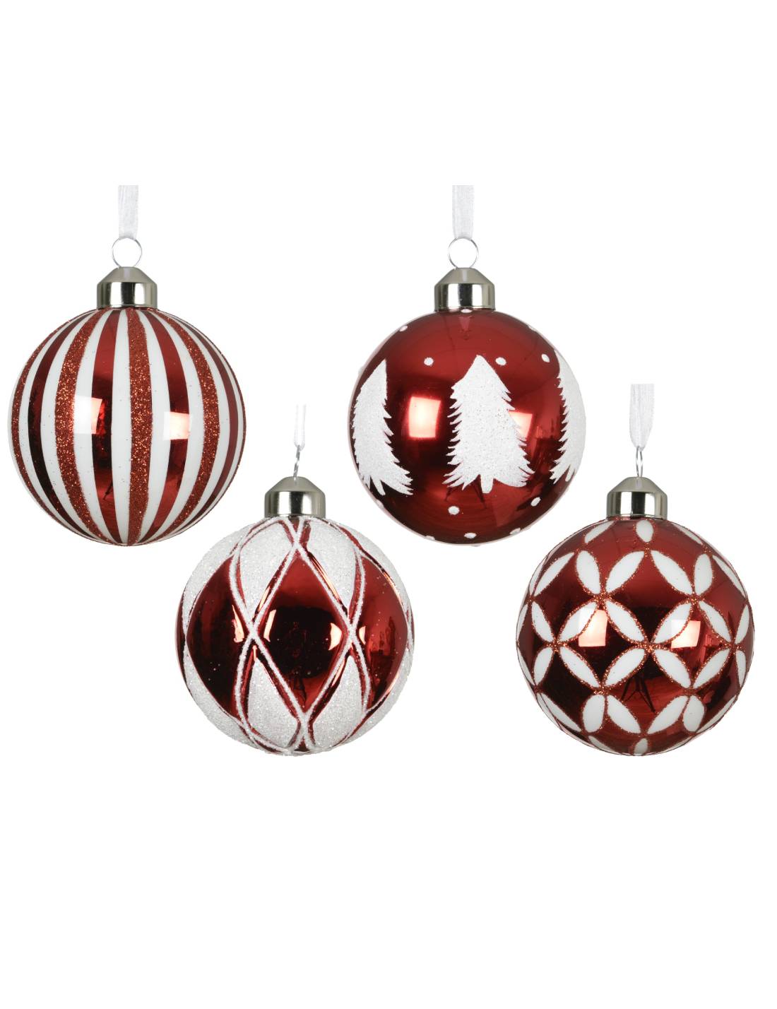 Pallina Albero Di Natale In Vetro Rossa Con Decori Bianchi 8cm