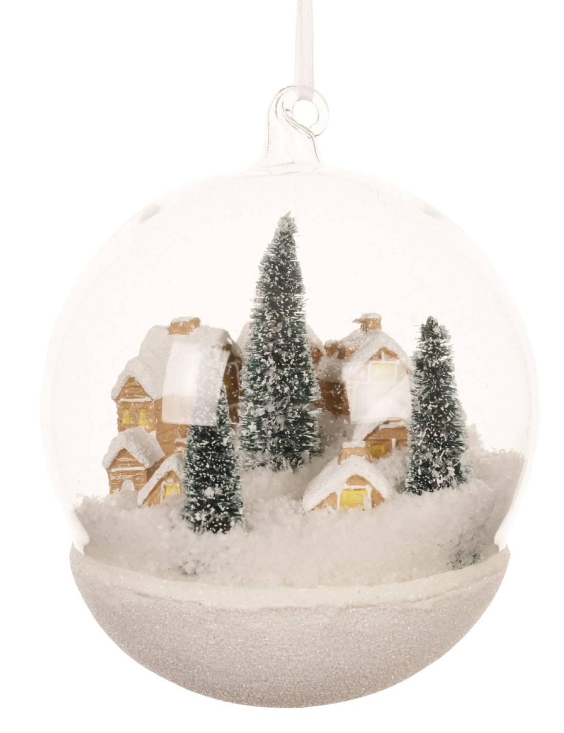 Pallina Albero Di Natale In Vetro Trasparente Con Villaggio Innevato 10cm