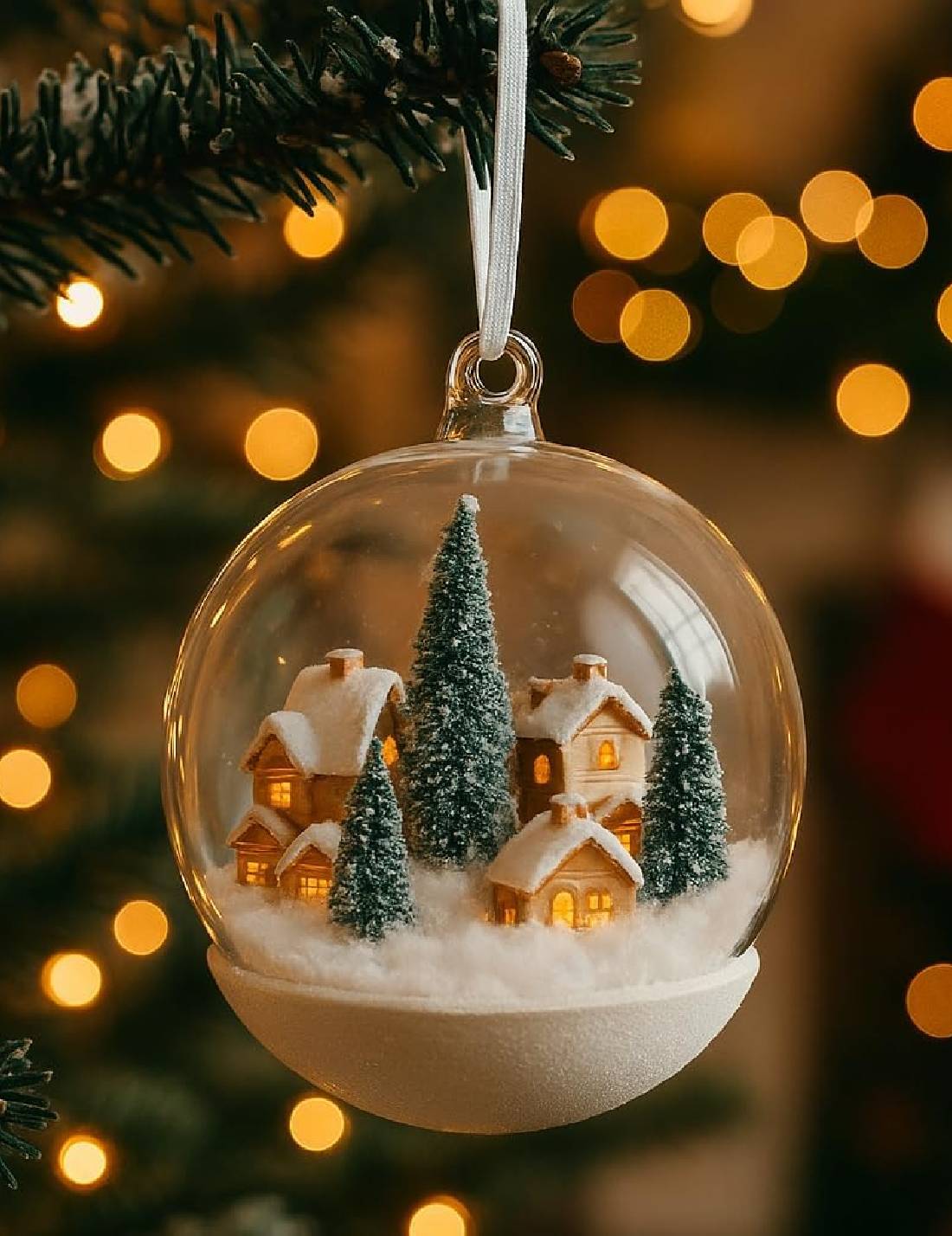 Pallina Albero Di Natale In Vetro Trasparente Con Villaggio Innevato 10cm