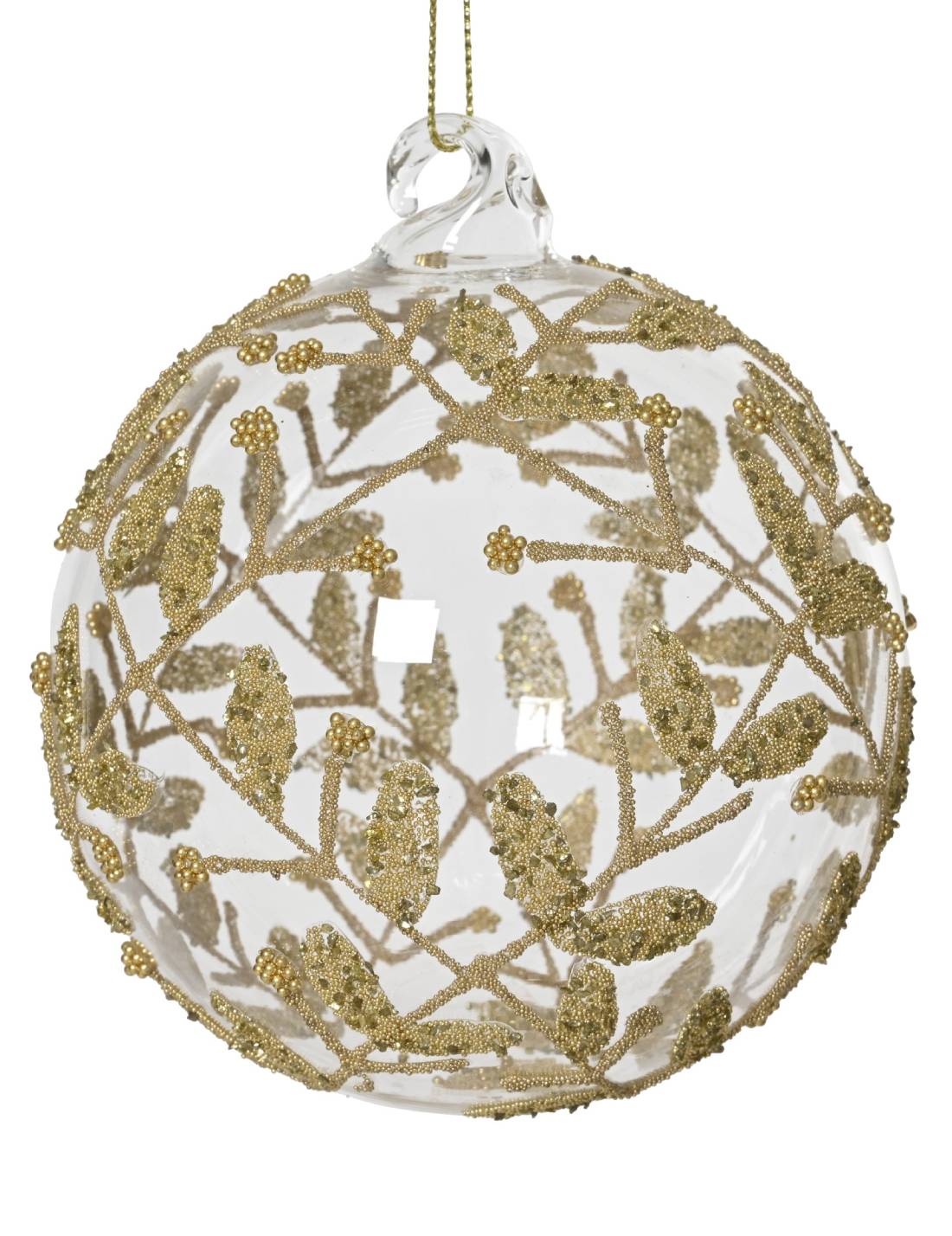Pallina Albero Di Natale In Vetro Trasparente Foglie Oro 10cm