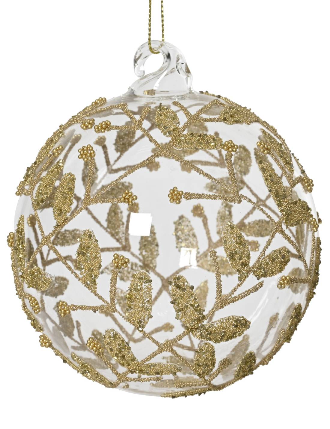 Pallina Albero Di Natale In Vetro Trasparente Foglie Oro 12cm