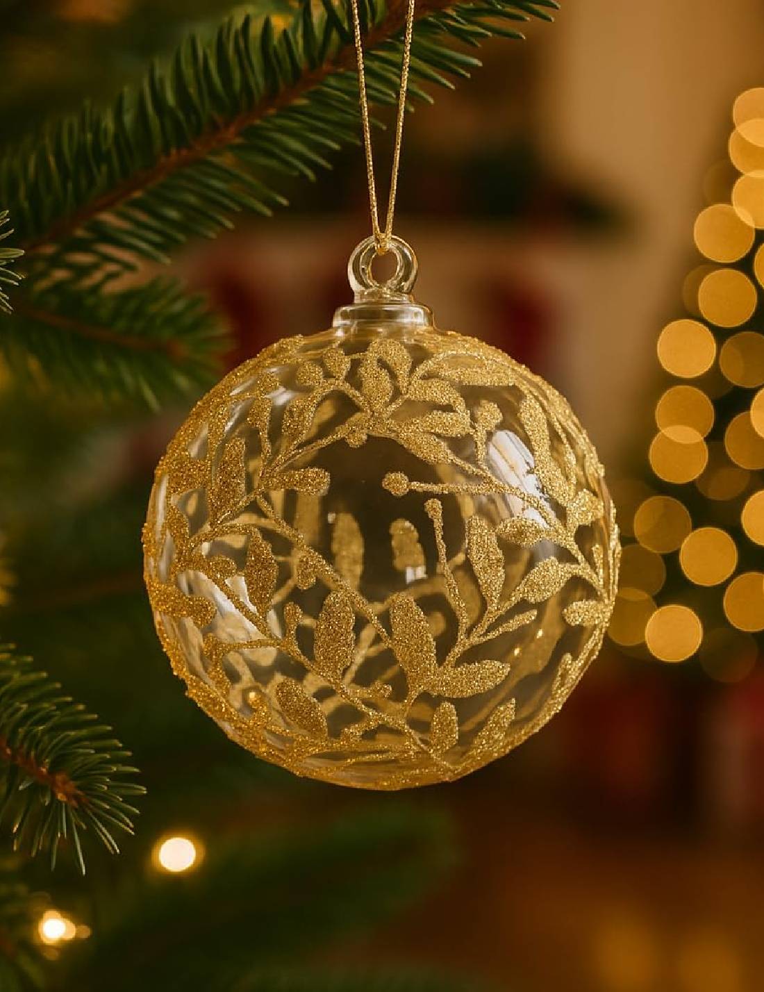 Pallina Albero Di Natale In Vetro Trasparente Foglie Oro 12cm