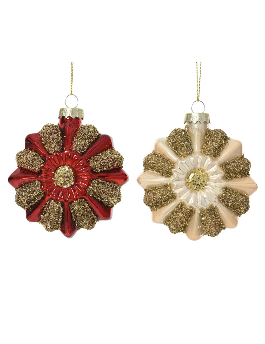 Pallina Albero Di Natale In Vetro Fiore Con Perline 8cm