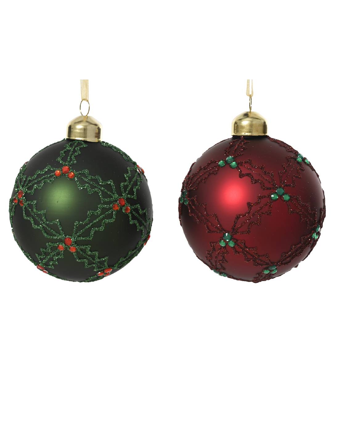 Pallina Albero Di Natale In Vetro Con Agrifoglio Glitter 8cm