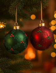 Pallina Albero Di Natale In Vetro Con Agrifoglio Glitter 8cm