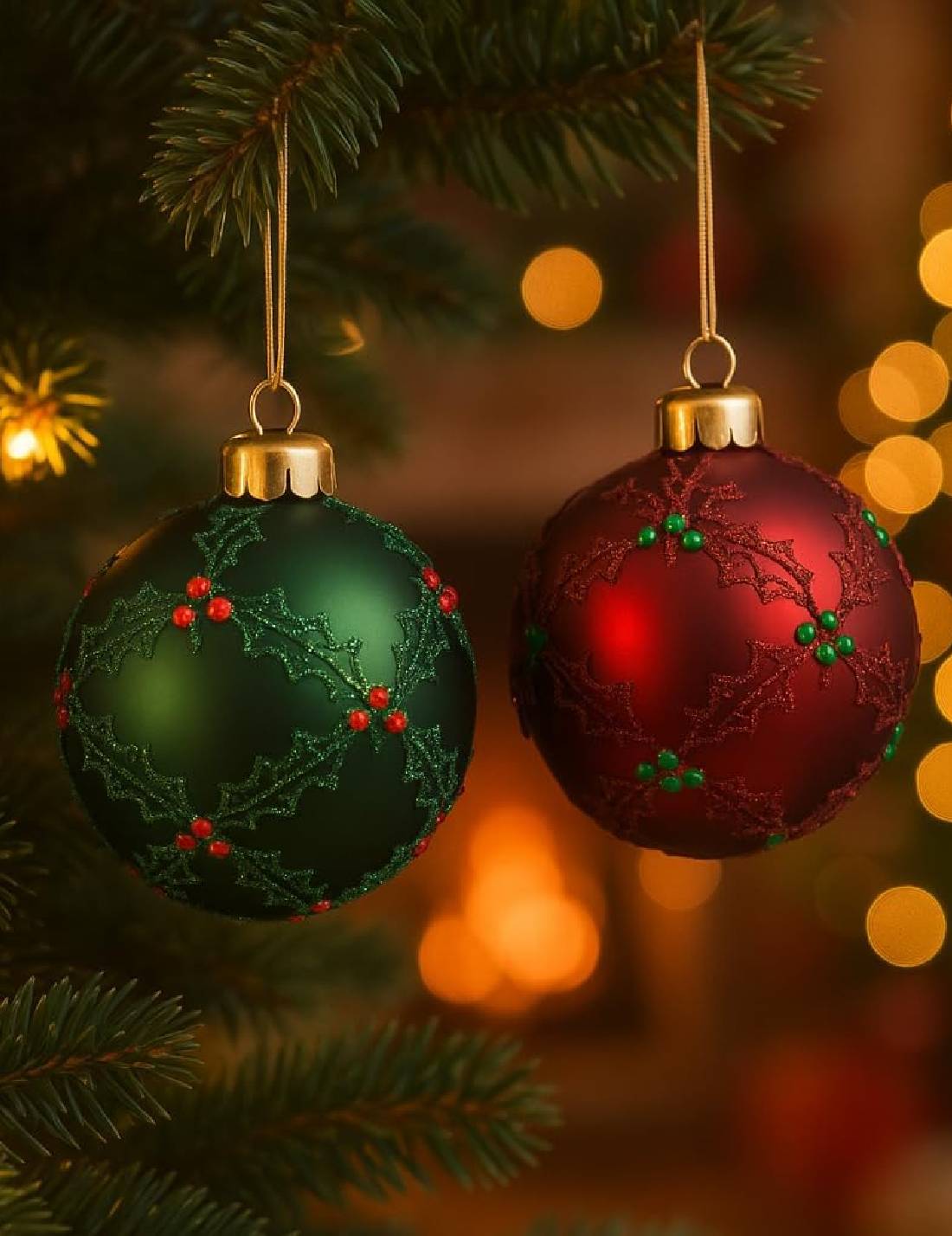 Pallina Albero Di Natale In Vetro Con Agrifoglio Glitter 8cm