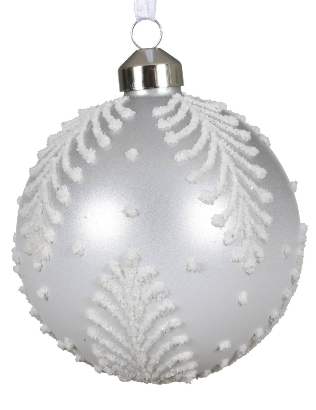 Pallina Albero Di Natale In Vetro Argento Con Decori Bianchi 10cm