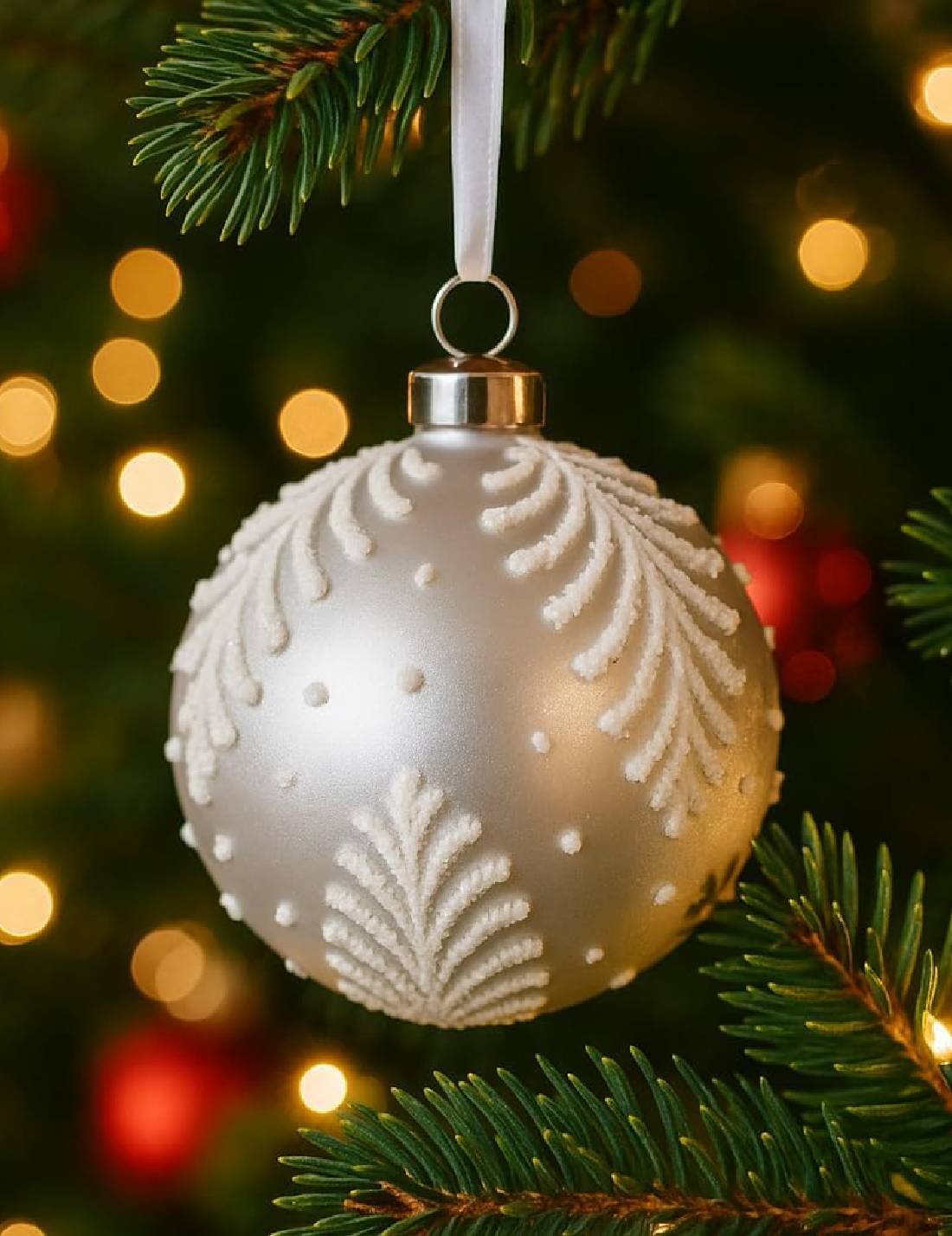 Pallina Albero Di Natale In Vetro Argento Con Decori Bianchi 10cm