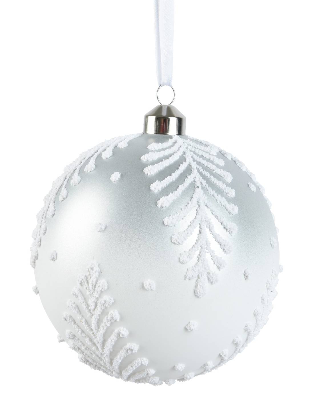 Pallina Albero Di Natale In Vetro Argento Con Decori Bianchi 15cm