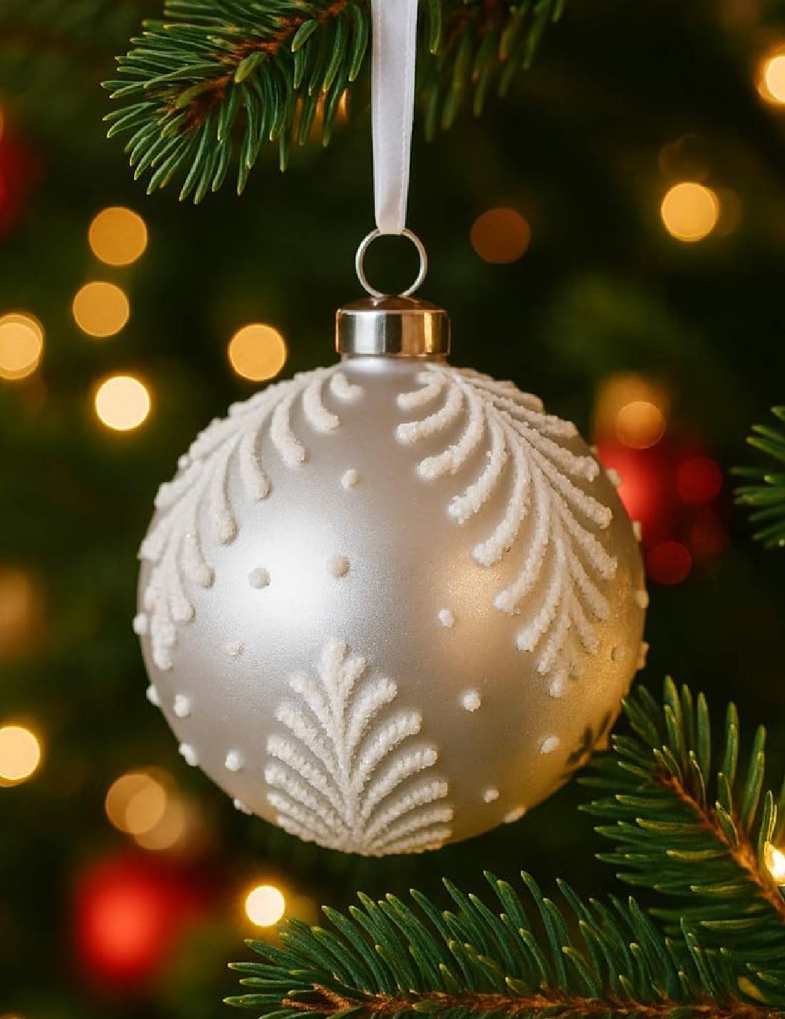 Pallina Albero Di Natale In Vetro Argento Con Decori Bianchi 15cm