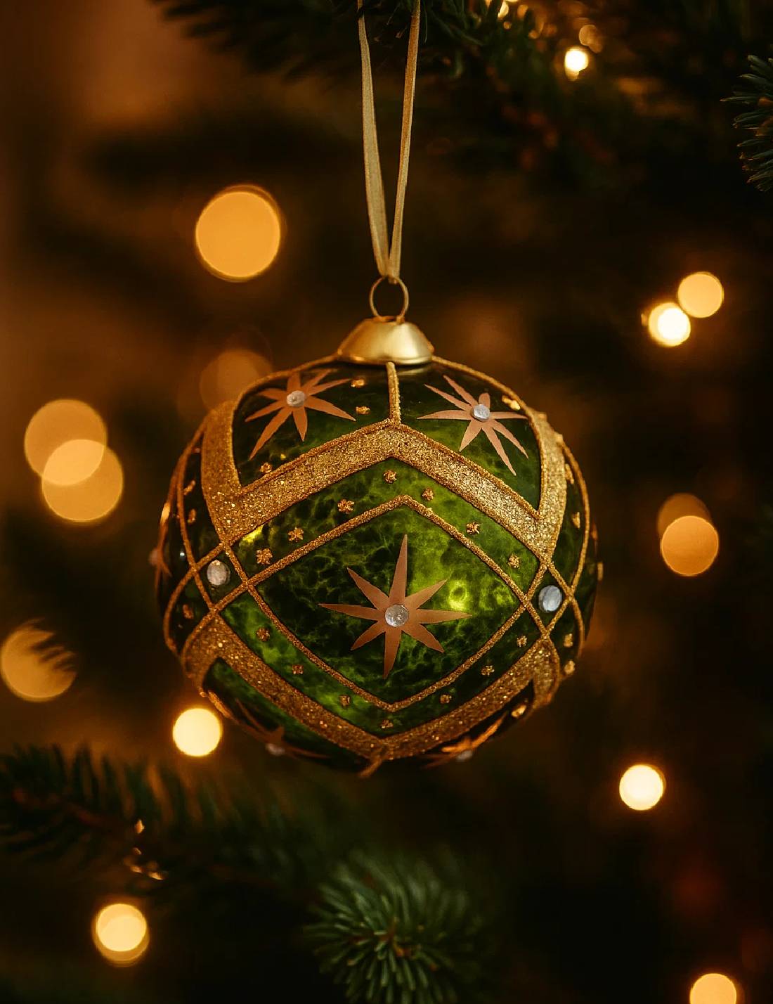 Pallina Albero Di Natale Verde E Oro Stelle 10cm