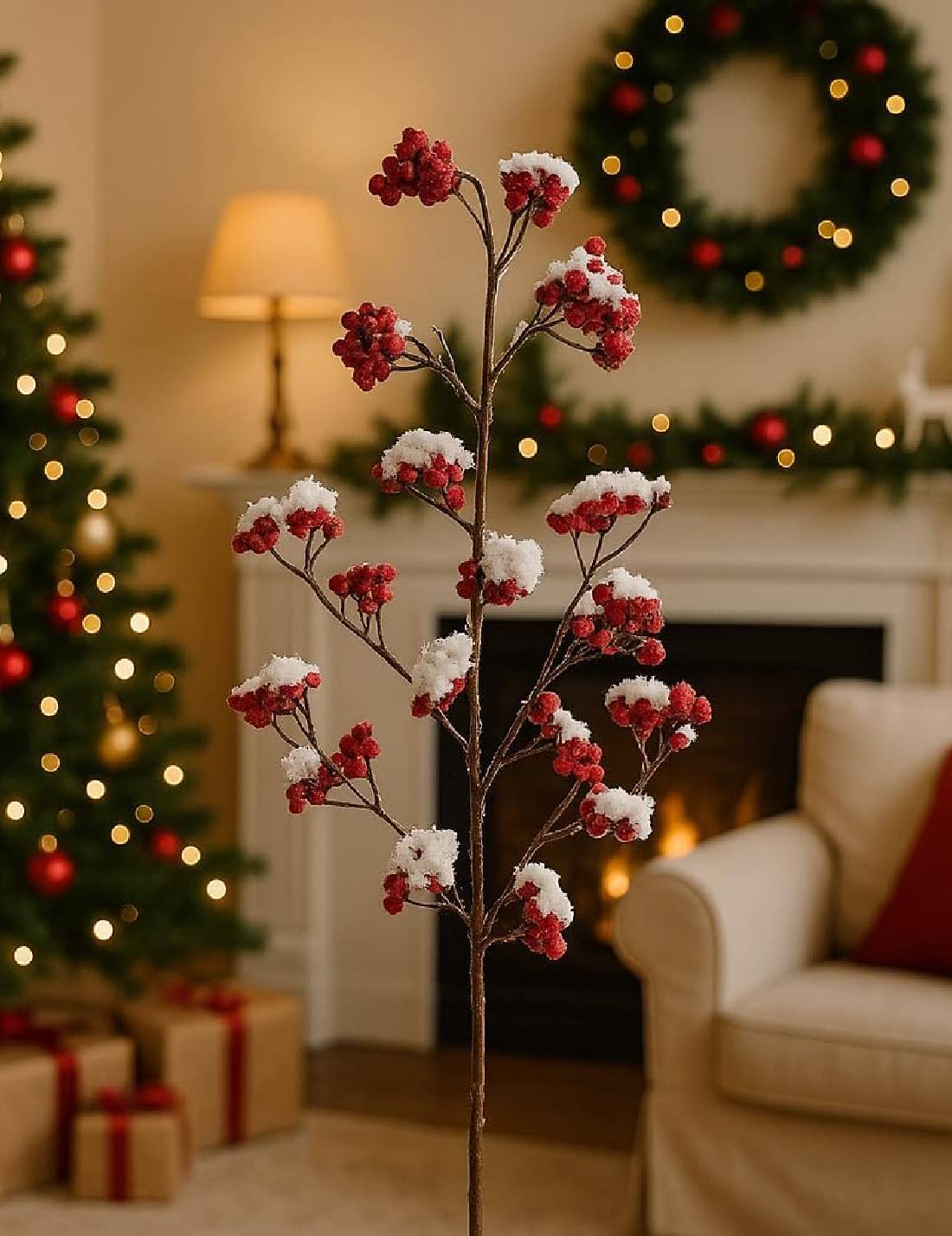 Ramo Bacche Artificiali Decorative Innevate 72cm