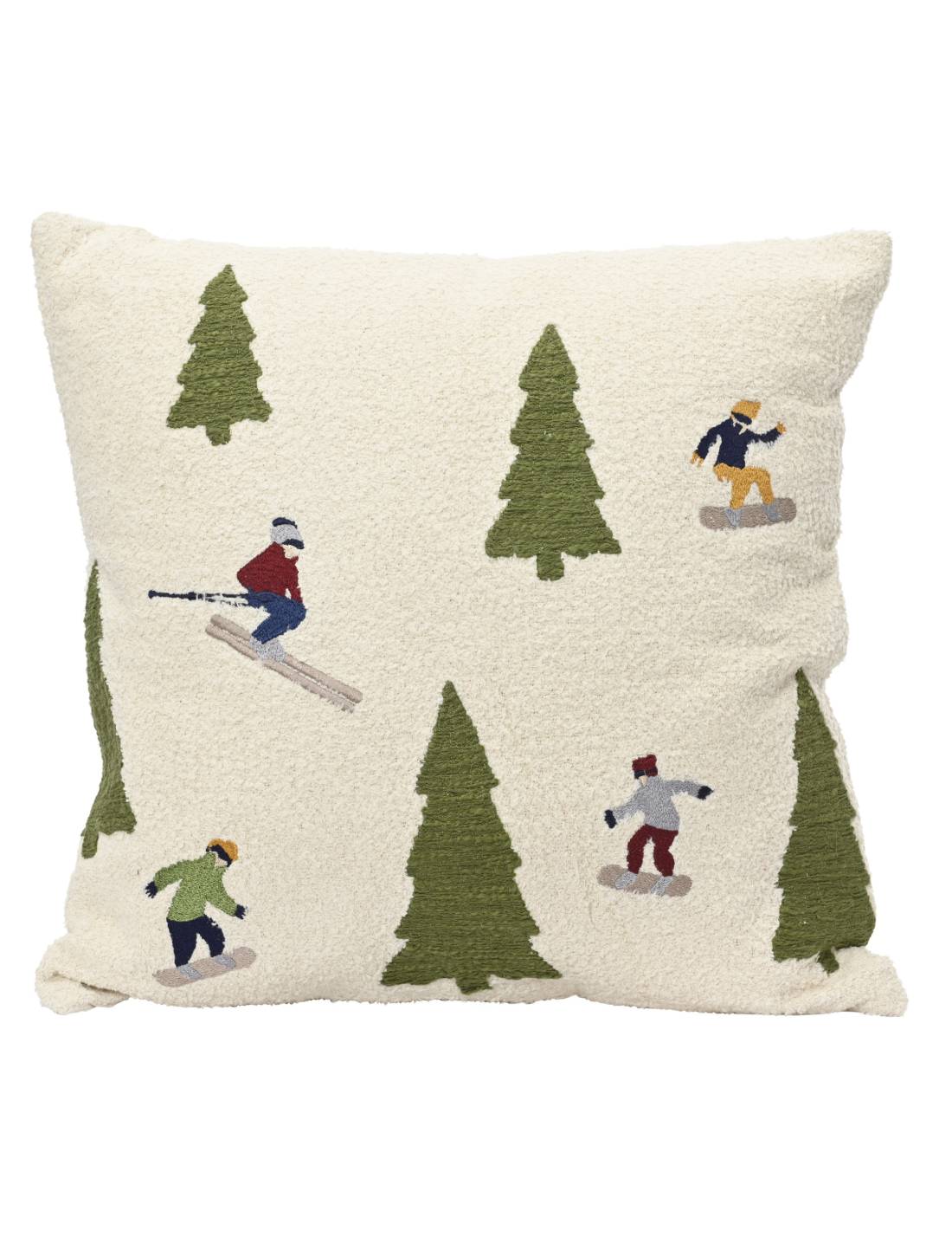 Cuscino Natalizio In Cotone Bianco Con Sciatori 45cm