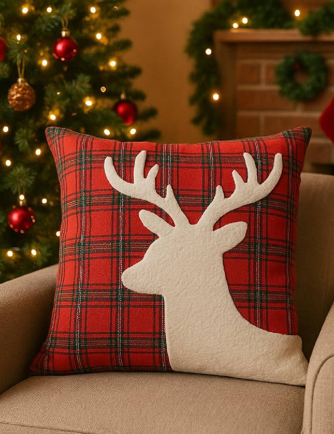 Cuscino Natalizio In Cotone Scozzese Con Renna 45cm