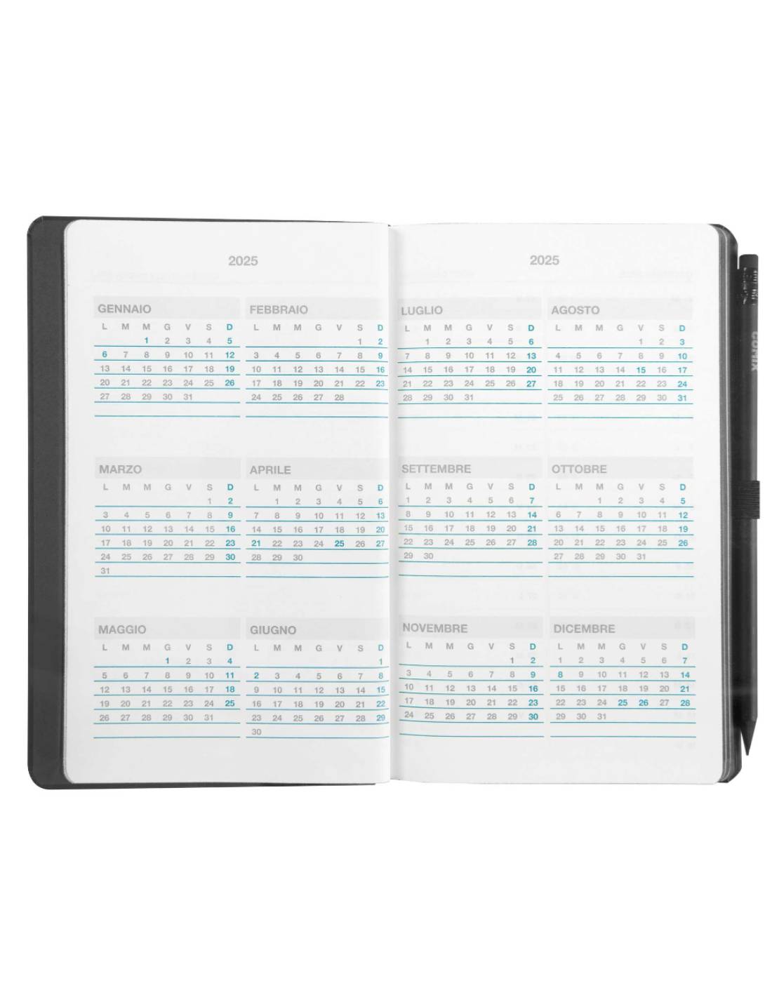 Agenda Settimanale 2025 Comix Nera Grande 12 Mesi Con Matita