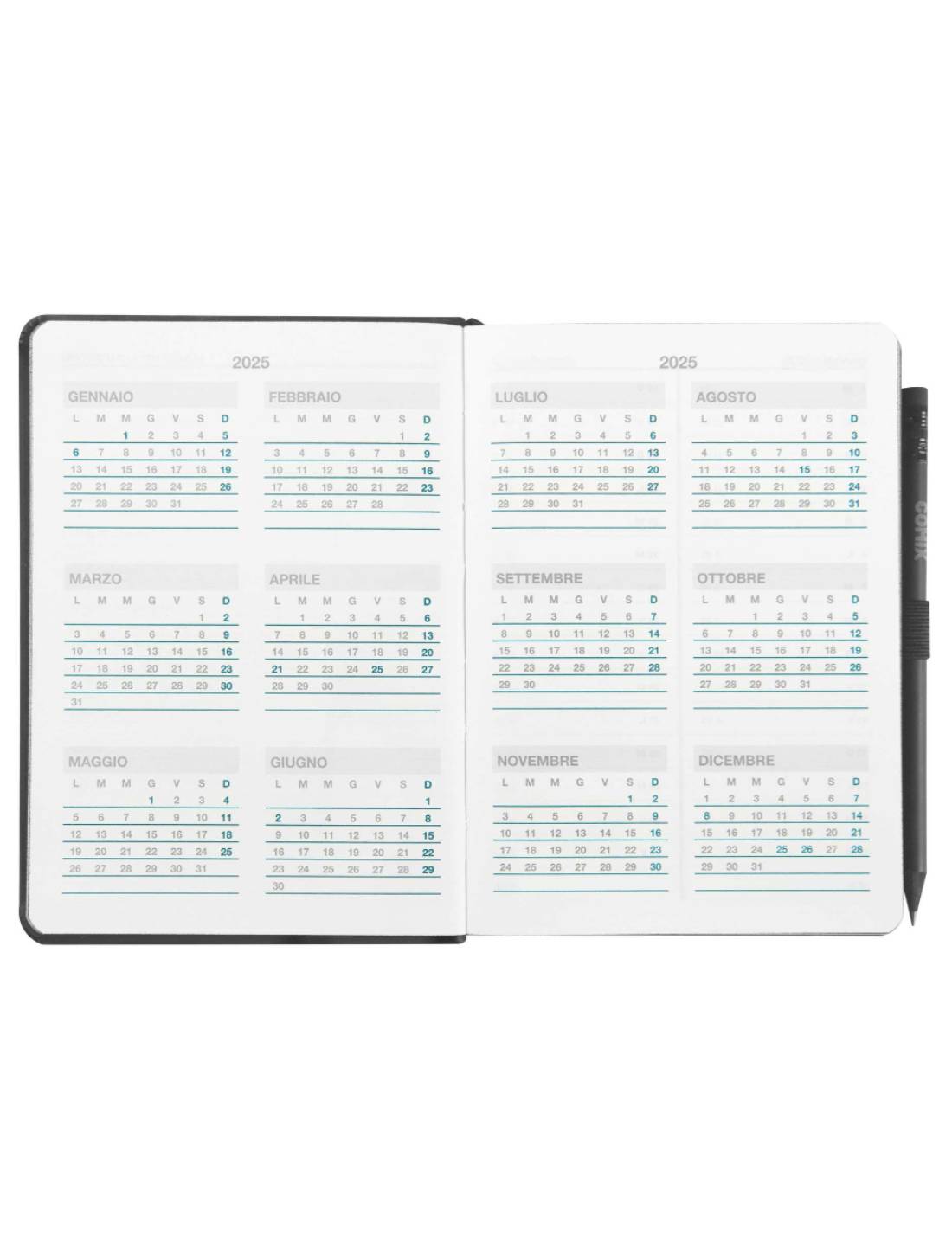 Agenda Giornaliera 12 Mesi 2025 Comix Nera Con Matita 15cm