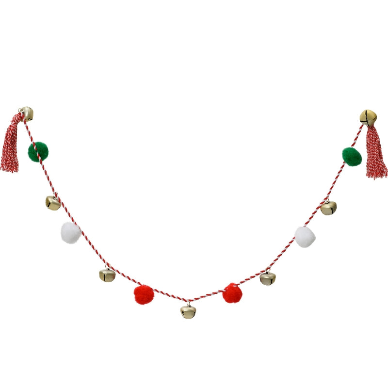 Addobbo Natale Ghirlanda Collana Con Campanelle E Pon Pon Colorati 100cm