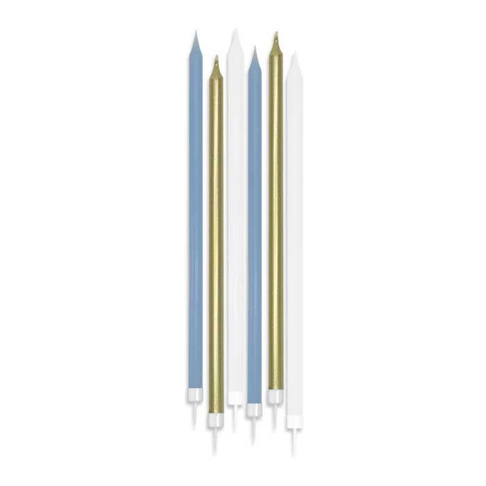 Candeline Di Compleanno In Cera Mezzo Stelo Oro Bianco Celeste 12pz.