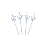 Candeline Di Compleanno In Cera Stelle Argento 13cm 4pz.
