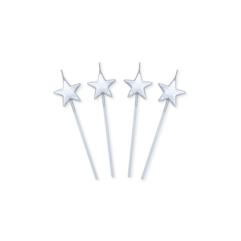 Candeline Di Compleanno In Cera Stelle Argento 13cm 4pz.