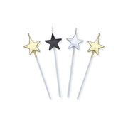 Candeline Di Compleanno In Cera Pick Stelle Oro Argento E Nero 13cm 4pz.