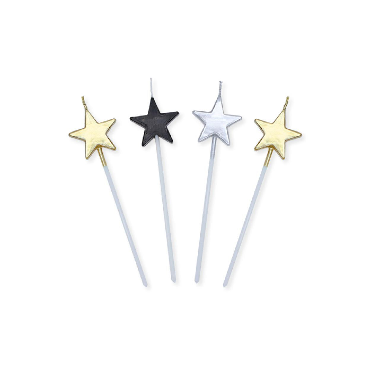 Candeline Di Compleanno In Cera Pick Stelle Oro Argento E Nero 13cm 4pz.