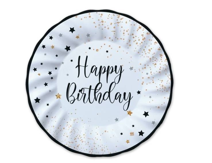 Piatti Di Carta Piani Happy Birthday Neri e Oro 25cm 8pz.