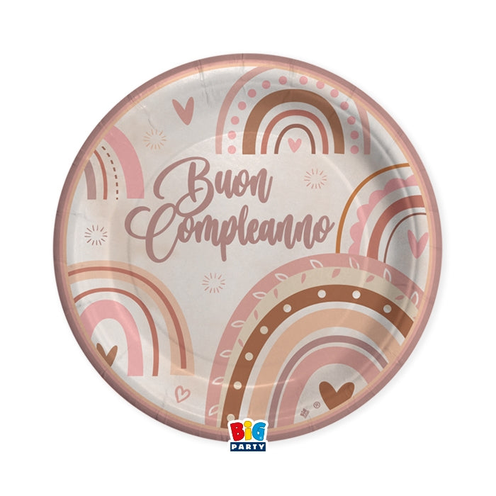 Piatti Di Carta Piani Buon Compleanno Boho Rosa Ø25cm 8pz.