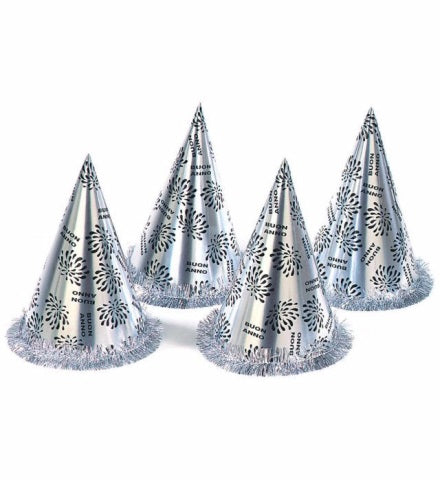 Cappello Cono Buon Anno Argento Con Frangia H 28cm