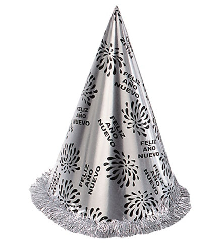 Cappello Cono Feliz Año Nuevo Argento Con Frangia H 28cm