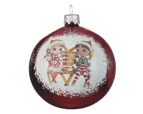 Pallina Albero Di Natale Rossa Bambini Sulla Panchina 8cm