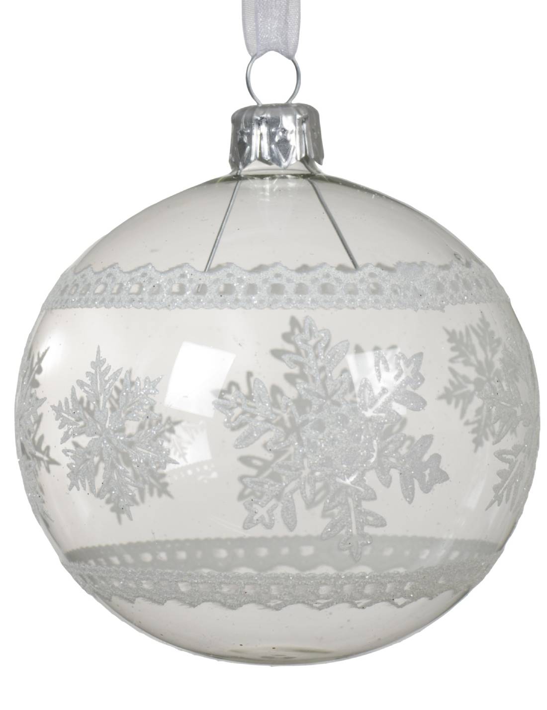 Pallina Albero Di Natale In Vetro Trasparente Fiocchi Di Neve 8cm