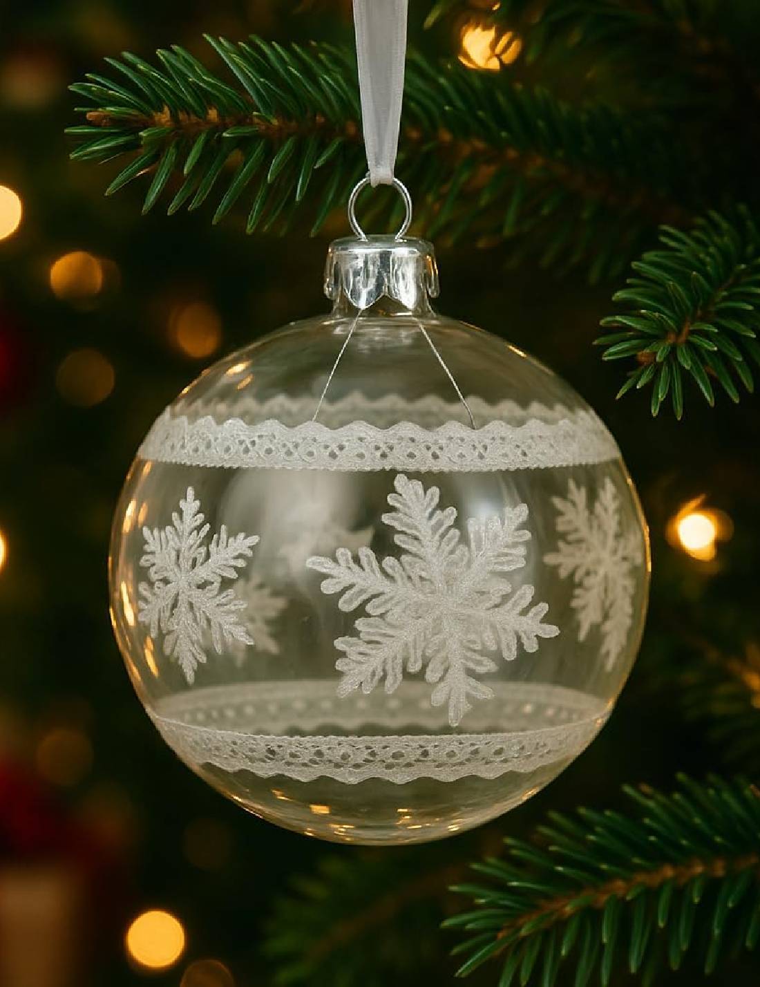 Pallina Albero Di Natale In Vetro Trasparente Fiocchi Di Neve 8cm