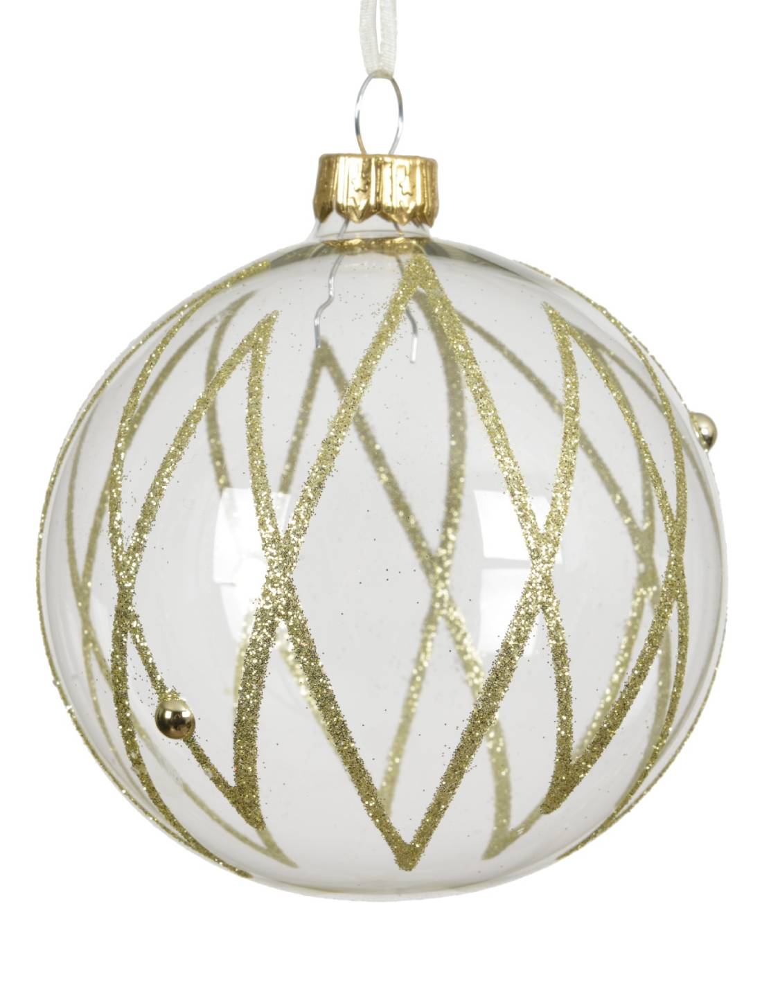 Pallina Albero Di Natale In Vetro Trasparente Linee Oro 8cm