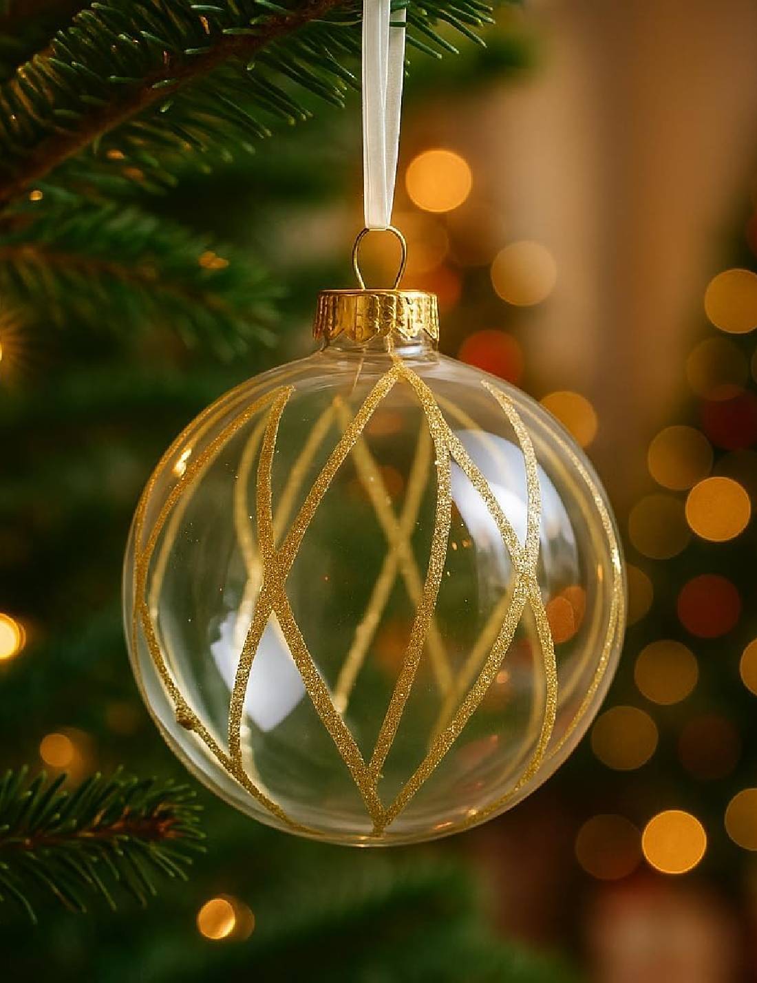 Pallina Albero Di Natale In Vetro Trasparente Linee Oro 8cm