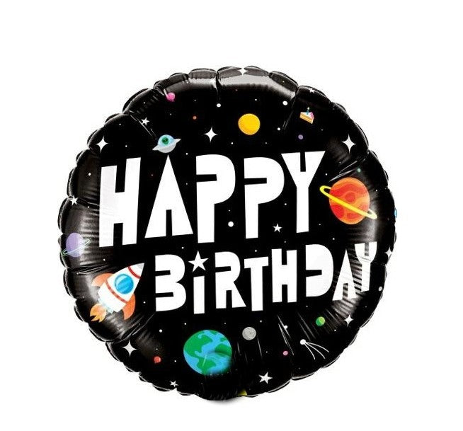 Palloncino Metalfoil Nero Happy Birthday Spazio 18" 46cm