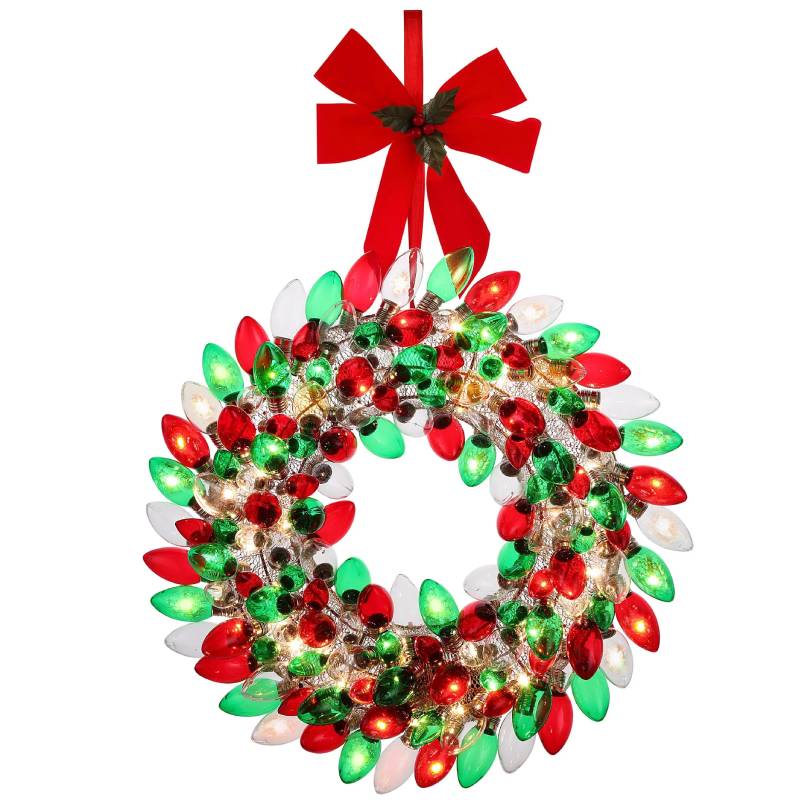 Fuoriporta Ghirlanda Corona Di Natale Con Lampadine Led Colorate 43cm