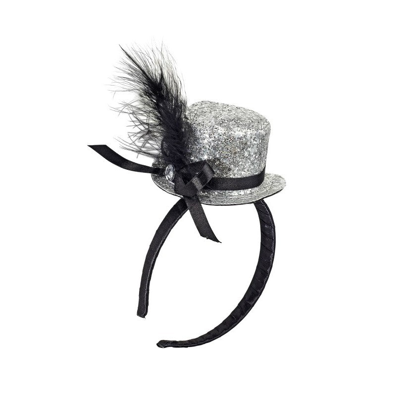 Mini Cilindro Glitter Con Piume E Gemma - Argento